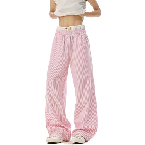 Men's Pants Ice Silk Summer Patchwork Loose Wide-Leg Striped Casual Trouser for Men