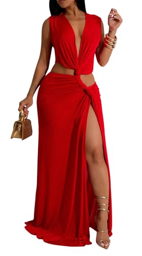 Womens Sexy V-Neck Sleeveless Solid Color Hollow Split Dress Casual Hem Dress