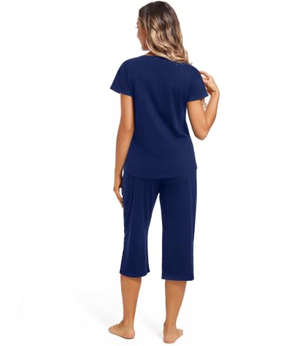 Image of ENJOYNIGHT Womens Pajama Sets Cotton Pj Set Short Sleeve Top With Capri Pants Sleepwear 2 Piece Lounge Set