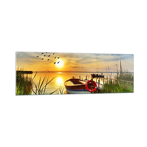 Moderne Impression sur Verre 160x50cm Image Tableau en Verre Decoration Murale Bateau Lac Coucher de soleil l'été les gens Grand XXL Tableaux Decoratifs Panoramique...