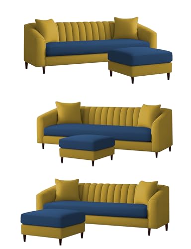 Image of Casaliving Doraldo 4 Seater L Shape Convertible Sofa Set for Living Room, 3 Seater & Ottoman Modular Sectional Couch for Small Space (Blue Yellow Colour) Fabric