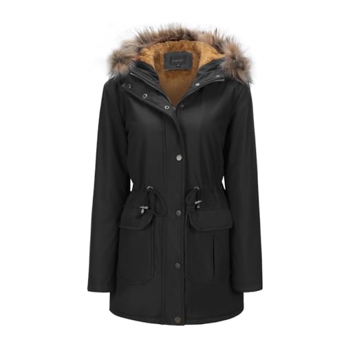 YFFUSHI Damen Wintermantel Lang Dicker Winterparka leichte mit Kapuze Jacke Winter Warm Gefüttert Coat Fellkapuze Große Parka Mantel,Schwarz,L
