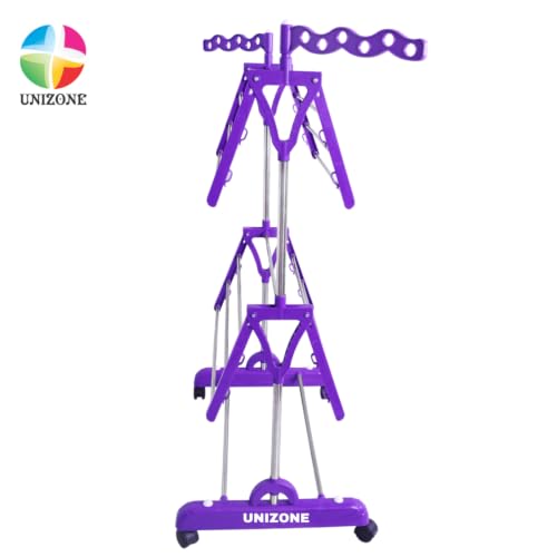 Image of UNIZONE Premium 2-Tier Foldable Cloth Drying Stand | Stainless Steel Laundry Rack with 14 Rods, 2 Shoe Rods, 12 Hanger Slots & 16 Hooks | Indoor & Balcony Clothes Dryer