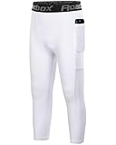 Roadbox Boys 3/4 Compression Leggings Pants, Youth Sports Capri Running Tights Kids Basketball Base Layer with Pockets White