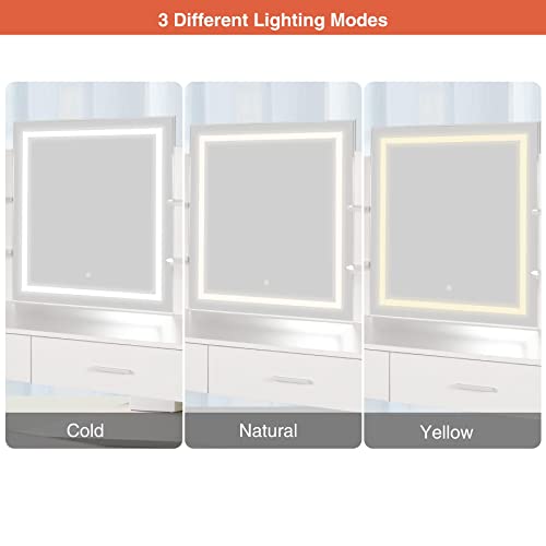 Alapur Makeup Vanity With Lights, Vanity Desk With 2 Drawers And 6 Storage Shelves, Cushioned Stool,3 Lighting Colors,White #TOP3