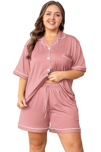 Image of Vozanet Women's Plus Size Button Down Pajamas Soft Lounge Sets Shorts with Pockets Bride Nighty Solid Soft Pjs 1x to 5x
