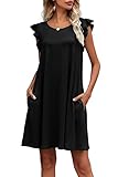 LAINAB Womens Casual Summer Shift Dress Ruffle Sleeve Black L