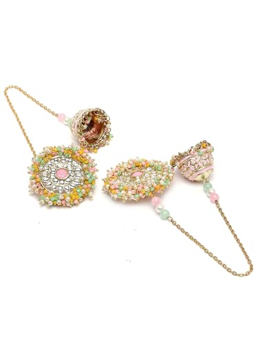 Karatcart Gold Plated Multicolor Crystal Studded Kundan Kaanchain Jhumki Earrings