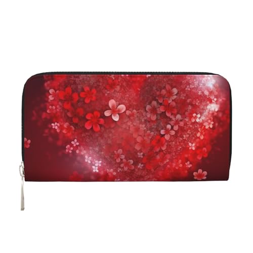 Valentine'S Day Red Heart Flower Leather Wallet For Women Girl, Zip Around Credit Card Holder Long Pu Wallet Clutch Purse Waterproof Travel Handbag