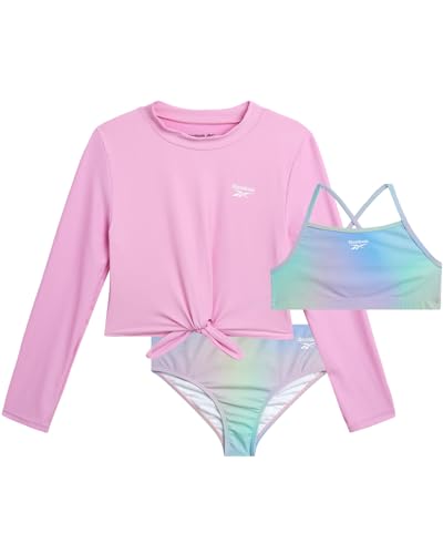 Image of Reebok Girls Rash Guard Set - 3 Piece UPF 50+ Long Sleeve Swim Shirt with Bikini Swimsuit - Swimwear Set for Girls (4-16)