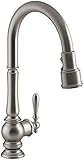 Kohler K-99259-VS Artifacts Single-Hole Kitchen Sink Faucet with 17-5/8-Inch Pull-Down Spout, 3-Function Sprayhead, and Turned Lever Handle, Vibrant Stainless