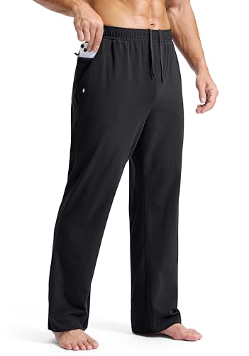 Soothfeel Men's Cotton Sweatpants with Zipper Pockets Open Bottom Yoga Pants Straight Leg Casual Athletic Lounge Sweat Pants, Black 3XL