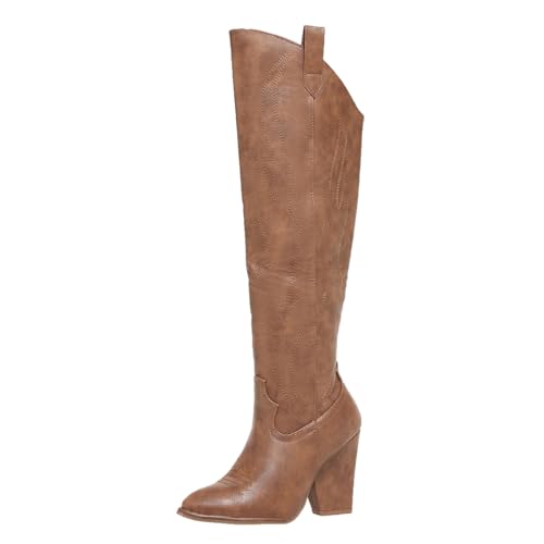 Cowboy Boots for Women Knee High Western Cowgirl Boots Chunky Heel Pointed Toe Side Zipper Tall Boot for Women Ladies