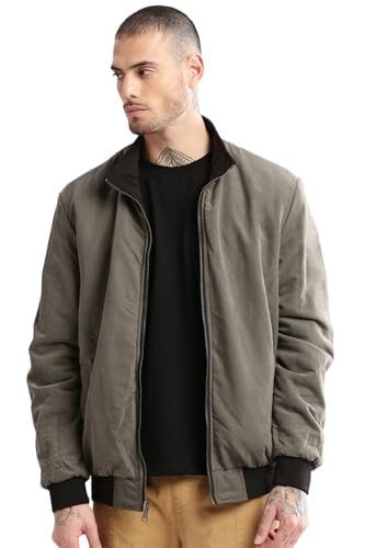 Image of SHOWOFFFF Men Solid Bomber Jacket | Mock Collar Full Sleeves Nylon Jacket for Mens | Oversized Fit Jacket for Men's