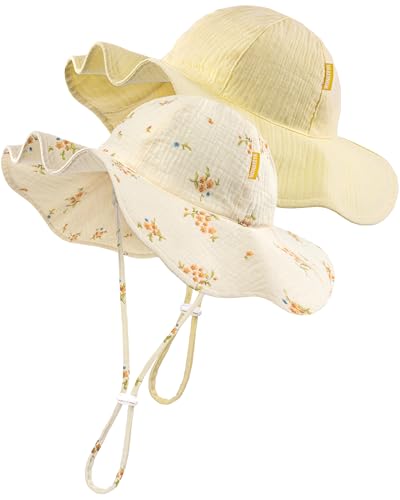 Image of HONGTEYA Baby Sun Hat Muslin Toddler Bucket Hat for Girls Boys Infant Wide Brim Sun Protection