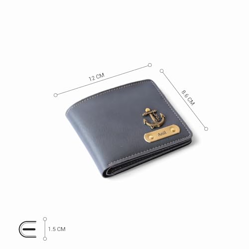 Image of Men's Personalized Wallet I Customized Slim Stylish Leather Purse with Name & Charm I Unique Birthday Anniversary Gift for Men Boy Love Husband Employees Clients - (Grey)
