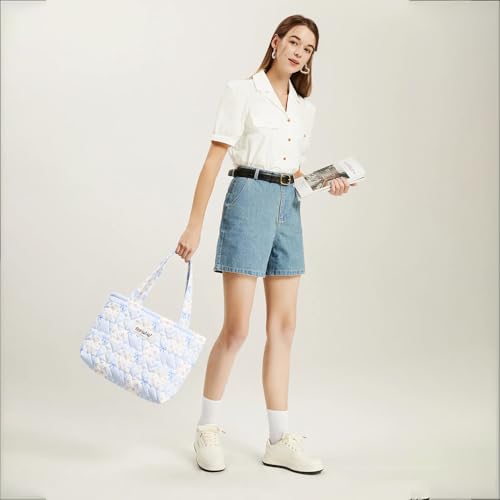 Image of Floral Quilted Cotton Shoulder Bag for Women Daily Use Medium Size Handbag Large Capacity Thickened Design Tote