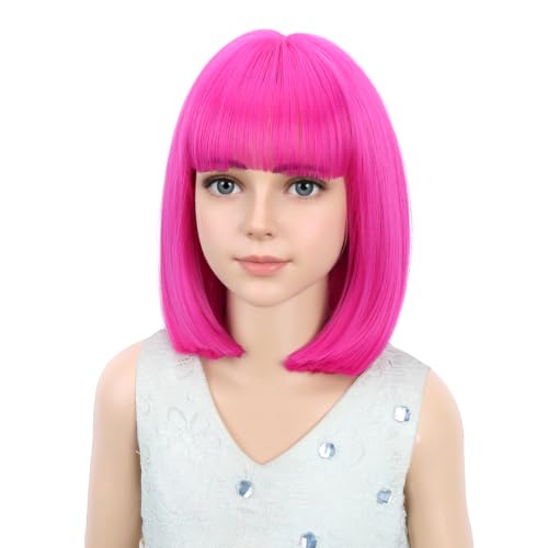 Image of PATTNIUM Hot Pink Wig for Kids Child Short Magenta Bob Wig Neon Pink Wig for Girls Cosplay Party Synthetic Rose Net Wigs