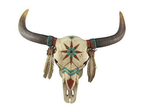 Dwk Wall Mounted Native American Faux Tribal Cow Skull | Native American Sculptures And Western Decor For Home | Animal Head Wall Decor Steer Skull - 22" #TOP8