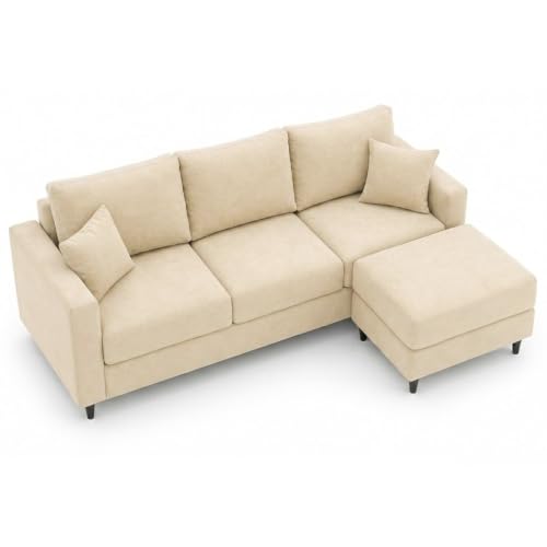 Image of FURNY Luxury Conva 3 Seater Sofa Set with Ottoman for Living Room |Soft Suede Fabric Upholstered | Modern Comfortable Couch for Home Office & Drawing Room | Cream