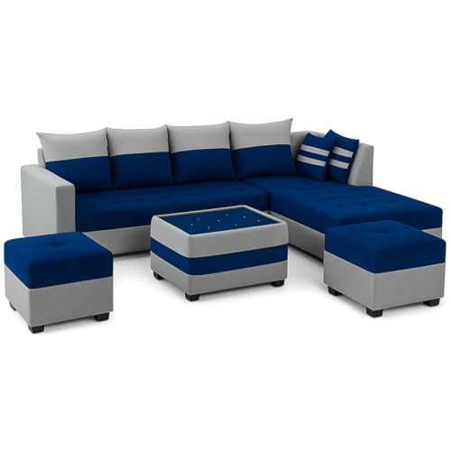 Image of Furny Styleeo 8 Seater Fabric RHS L Shape Sofa Set with 1 Centre Table & 2 Ottoman (Blue-Light Grey) | Soft Velvet Fabric | Modern Design | Comfortable Seating | Living Room Furniture