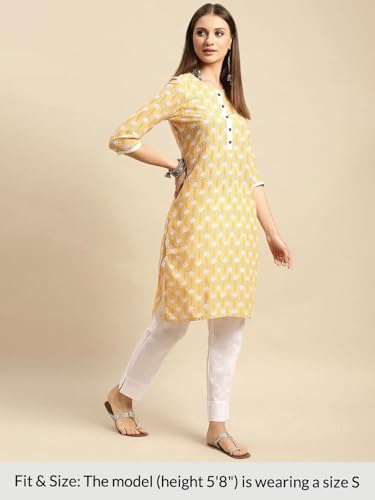 Image of rangita Yellow Cotton Knee Length Printed Straight Kurti for Women | Kurta for Women