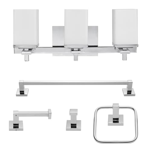 Image of Globe Electric 59221 Finn 5-Piece All-in-One Bath Set, 3-Light Vanity, Bar, Towel Ring, Robe Hook, Toilet Paper Holder, Polished Chrome