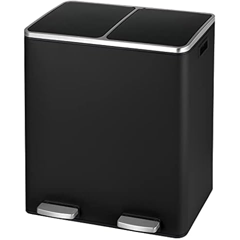 Arlopu 16 GallonStainless Steel Trash Can, 60L Dual Compartment, Metal Kitchen Step Recycle Bin, Metal Double Dustbin, in-Home Garbage Rubbish Can W/Removable Liner Buckets (Black) Cover