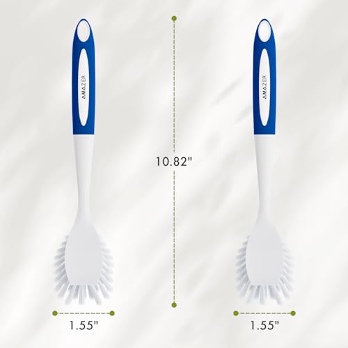 Image of Amazer Dish Brush with Handle, 2 Pack Kitchen Scrub Brushes with Built-in Scraper for Cleaning, Dish Scrubber with Stiff Bristles for Sink, Pots, Pans (Blue+Blue)