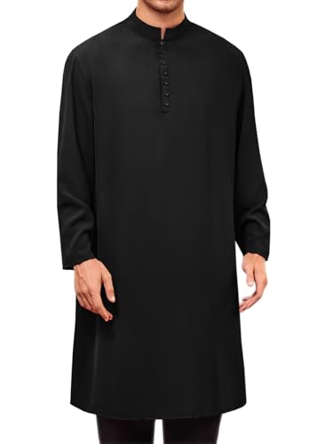 Runcati Mens Abaya Thobe Arabic T Shirts Kaftan Longline Banded Collar Plain Gown Henley Shirts