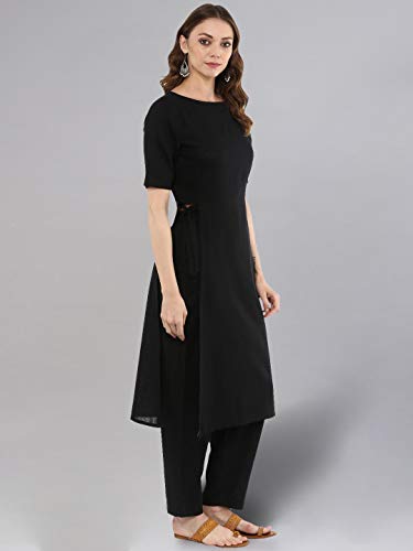 Image of idaLia Cotton Solid Straight Black Kurta Set for Women Round Neck Designer Kurta with Pant