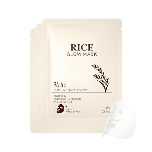 Image of 3 Pack Rice Glow Mask, Rejuvenating Clarity Collagen Essence Facial Mask with 94.4% Triple Rice Ferment Complex & Hyaluronic Acid, Soft Skin-Fitting Mask Deeply Hydrated Skin