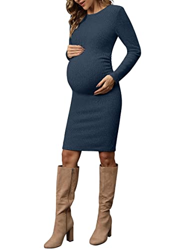 Maternity Dress Maternity Dress for Baby Shower Maternity Bodycon Dress Maternity Midi Dress Long Sleeve Maternity Dress Winter Maternity Dress (Ink Blue L)