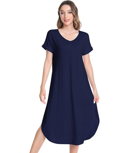 Image of NACHILA Nightgowns for Women-Viscose Made from Bamboo,Short Sleeve Nightshirts Satin V Neck Sleep Dress Loose Sleepwear