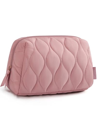 Image of BAGSMART Makeup Bag, Travel Cosmetic Bag, Puffy Padded Make Up Bag for Women, Makeup Organizer Case, Wide-open Pouch Purse, Travel Essentials, Toiletries Accessories Brushes, Dark Pink