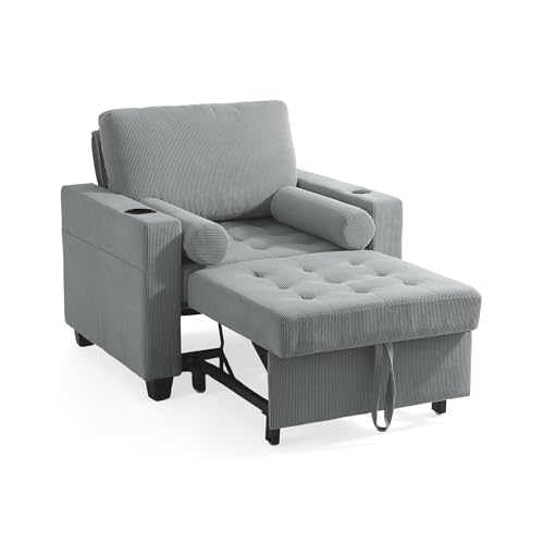 Image of 3-in-1 Sleeper Sofa Chairs Set of 2, Pull Out Sofa Bed Convertible Reclining Seat Upholstered Armchair, Adjustable Backrest Recliner Chair with Side Pockets, Cup Holder & USB Ports - Gray