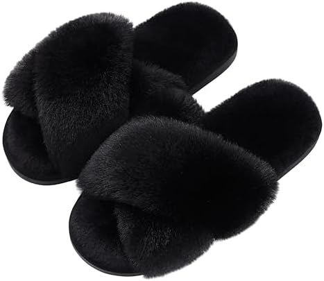 Evshine | Faux Fur Cross Band Open Toe Indoor Slippers, Gifts for Women, Moms and Bridesmaids