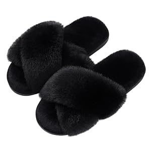 Evshine Women’s Fuzzy Slippers Cross Band Memory Foam House Slippers Open Toe