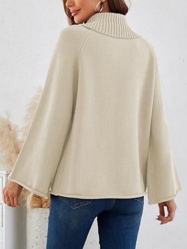 Angashion Womens Oversized Sweaters Turtleneck Pullover - Flared Long Sleeve Knit Sweater Light Fluffy Light Apricot Large
