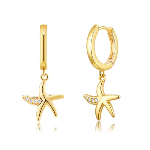 SANNYRA Starfish CZ Huggie Earrings for Women - 14K Gold Plated Beach Sea Cubic Zirconia Drop Dangle Earrings - Seashell Conch Beachy Jewelry