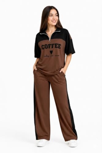 Image of Women's Printed Night Suit Set | Half Sleeve Zip Neck Top & Wide Leg Pyjama | Soft Cotton Blend Two Piece Sleepwear | Relaxed Fit Lounge Wear & Home Wear for Women