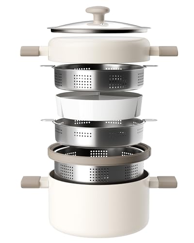 Juego de ollas y sartenes de cerámica antiadherente con vaporizador de acero inoxidable para cocina, ollas de sopa con tapa, multiollas con cesta de vapor para olla, colador de pasta, utensilios de