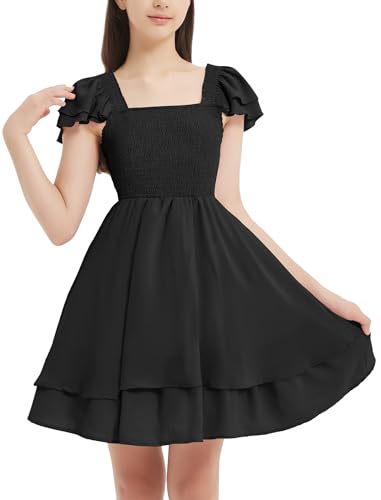 EXARUS Girls Flowy Ruffled Hem Dresses Puff Sleeve/Spaghetti Strap/Halter Smocked Dress Casual Mini 6-14Y2