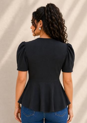 Image of IUGA Women Black Wrap Peplum Top for Women | Puff Half Sleeves V-Neck Casual Western Top | Stylish Regular Fit Tops for Girls