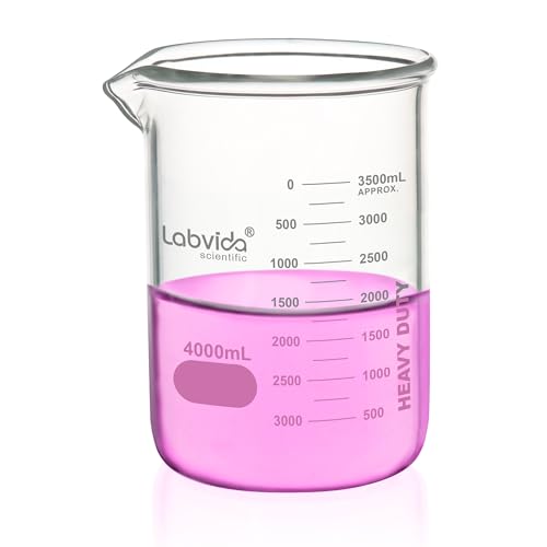 Heavy Duty Glass Beakers Vol.4000ml (135.3oz) thick-walled, 3.3 Boro Griffin Low Form with Double Scale Printed Graduation for Laboratories, Industries, Schools and Home use, LVAC016