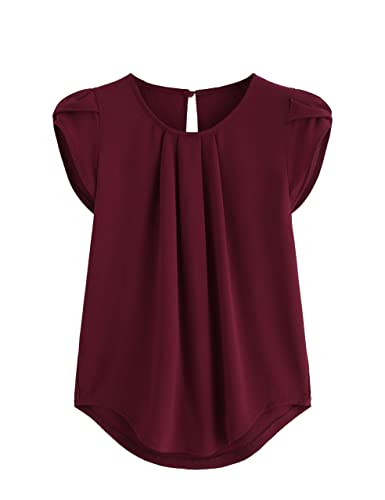 Milumia Women's Casual Round Neck Basic Pleated Top Cap Sleeve Curved Keyhole Back Blouse