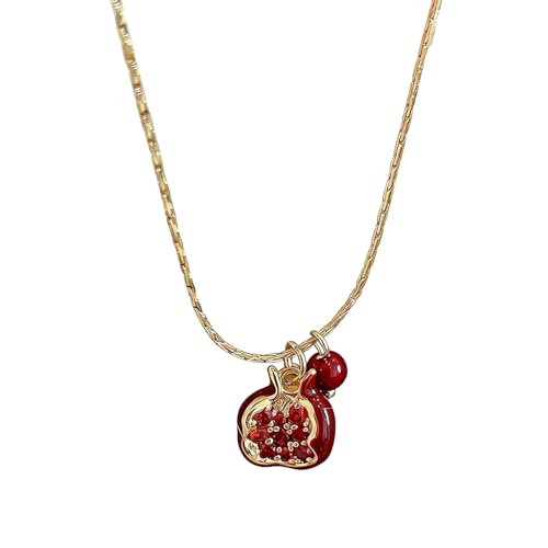 Gold Plated Pomegranate Hoop Necklace for Women,Elegant Cubic Zirconia Inlaid Copper Necklaces,Irregular Steric Red Pomegranate Fruit Pendant Necklace,Vintage-Inspired Statement Jewelry(Red Necklace)