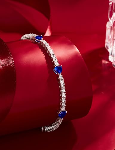 Sterling Silver Tennis Bracelet Birthstone Jewelry for Women Heart Gemstone Charm Link Anniversary Birthday Jewelry Gifts for Mom Her Women, 7 inches2