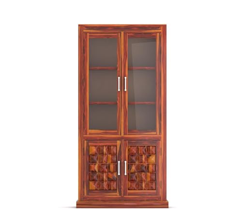 Image of Sheesham Wood Bookshelf with Glass Door for Home Library Solid Wood Bookcase Wooden Crockery Cabinet for Kitchen Book Shelf (Natural Finish)