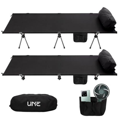 UNE コット キャンプコット 2WAY アジャスタブル アウトドアベッド 耐荷重150kg 防水 通気性 アップグレード版 軽量 静音設計 ハイ/ロー切替可能 組立簡易 バイクツーリング 野外用 防災 自宅用 会社用 収納バッグ付き 日本語説明書付き